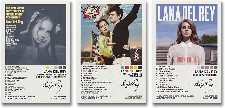 Lana Del Rey set of 3 poster overview showing three vertical album-inspired portrait designs with white text panels and track lists.