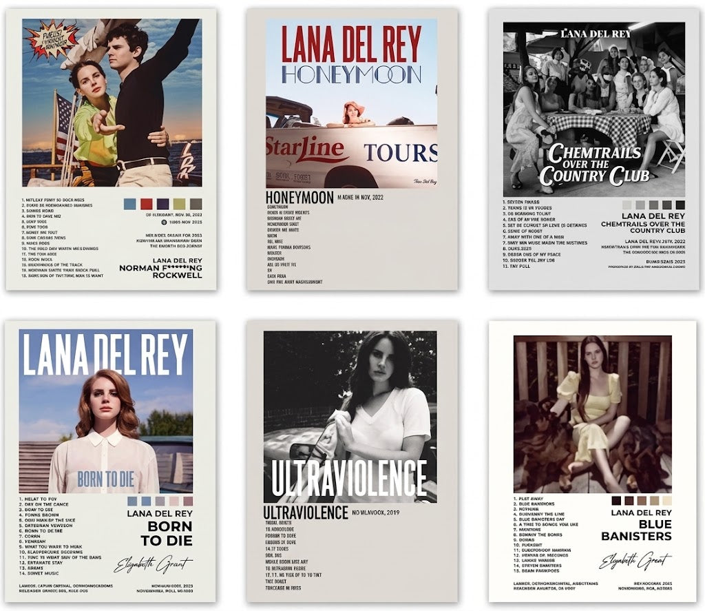 Lana Del Rey set of 6 poster overview showing six portrait-led album-style designs with bold titles, track lists, and color swatches.