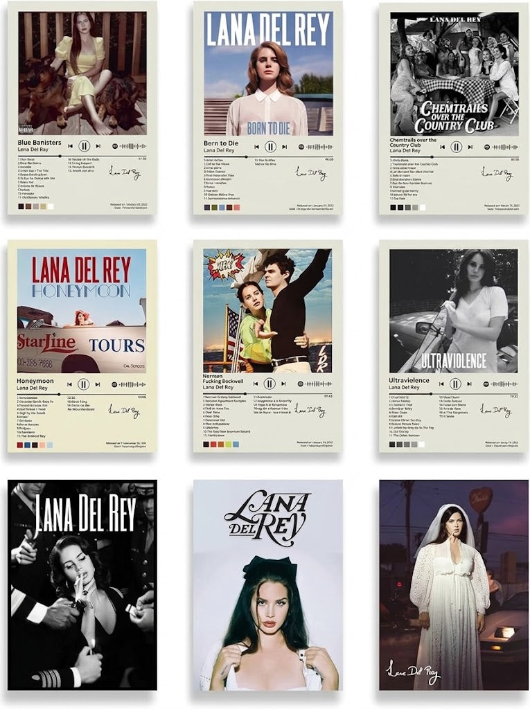 Lana Del Rey poster set overview showing nine vertical music-art designs with portraits, tracklists, waveforms and cream graphic panels.
