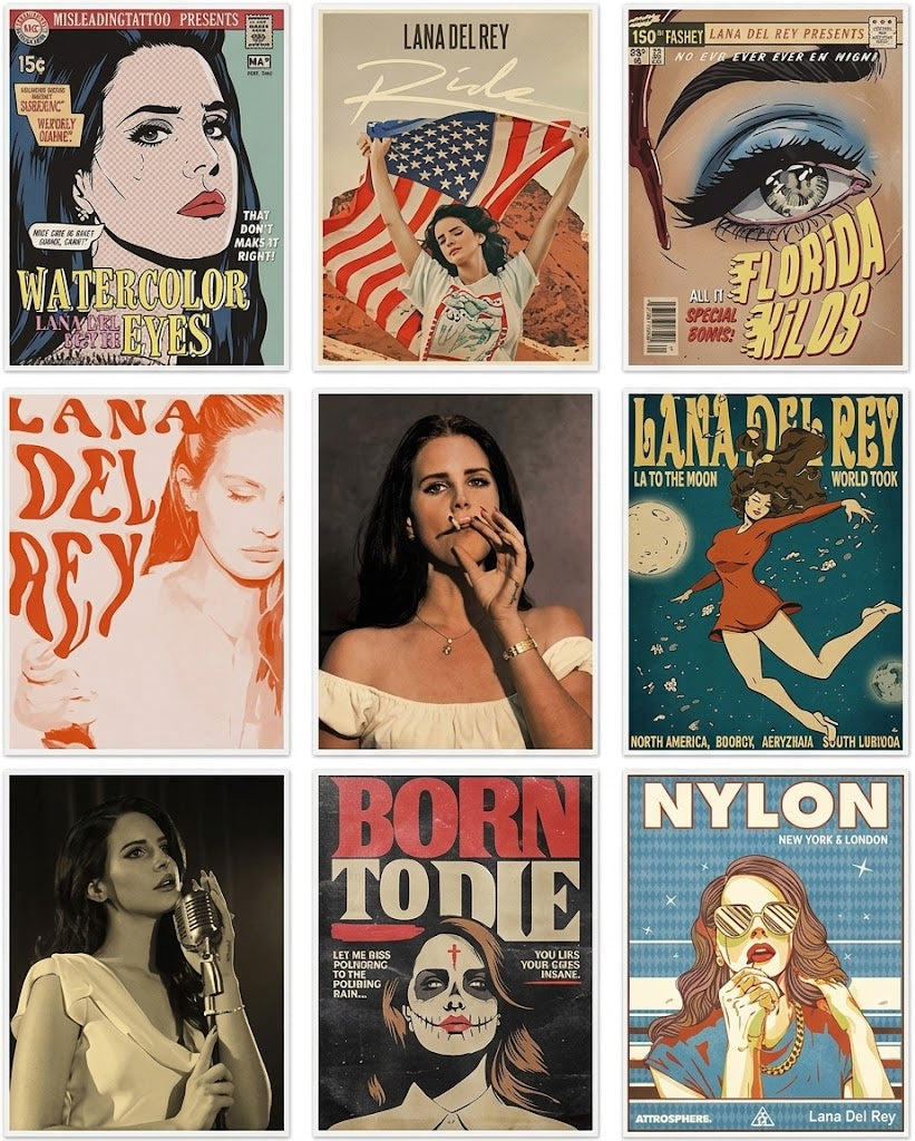 Poster print: Overview of a Lana Del Rey set of nine portrait posters with retro photographic, pulp, comic-book, and magazine-cover designs.