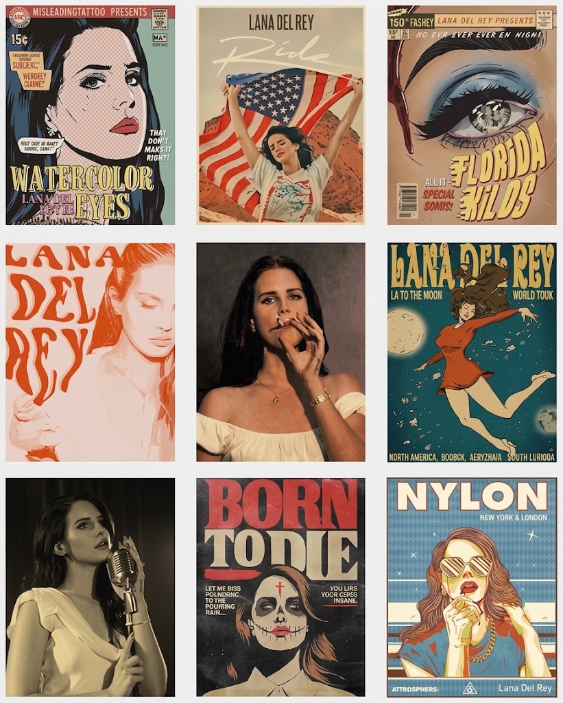 Lana Del Rey poster set overview showing nine vertical portrait designs in retro comic, pulp and editorial styles.