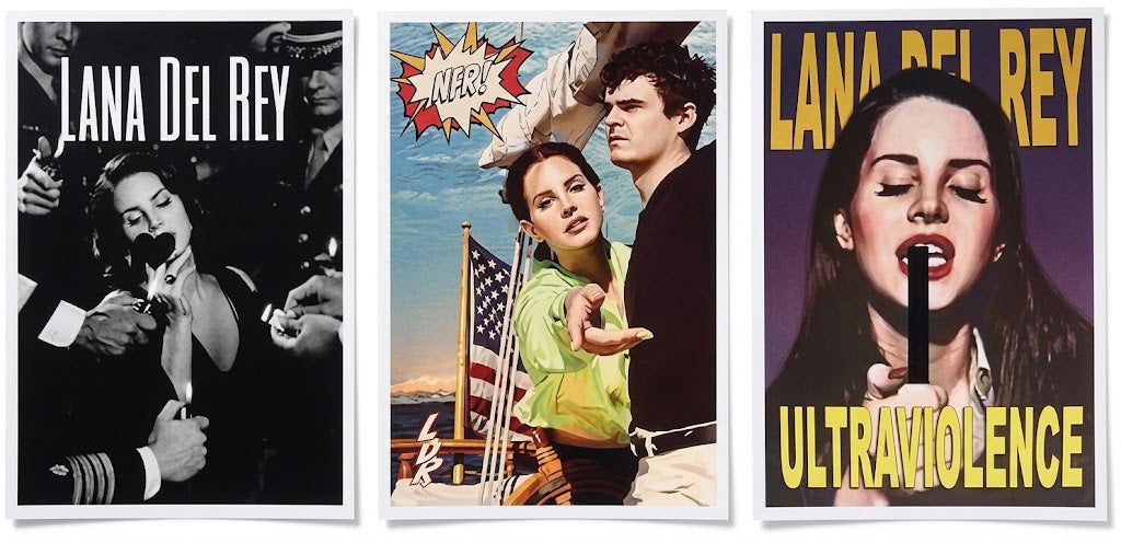 Lana Del Rey set of 3 poster overview showing a black-and-white portrait, an illustrated flag scene, and a bold cropped portrait design.