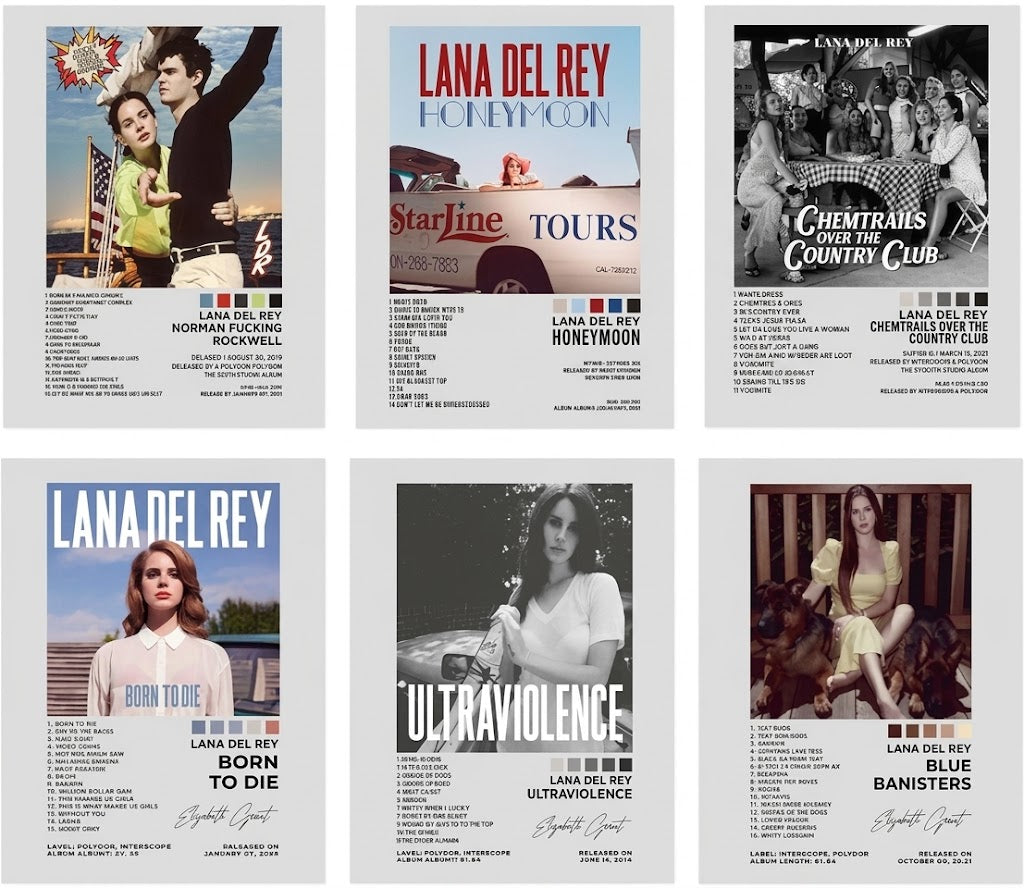 Lana Del Rey poster set overview showing six portrait album-themed designs with photography, track lists, bold titles and color swatches.