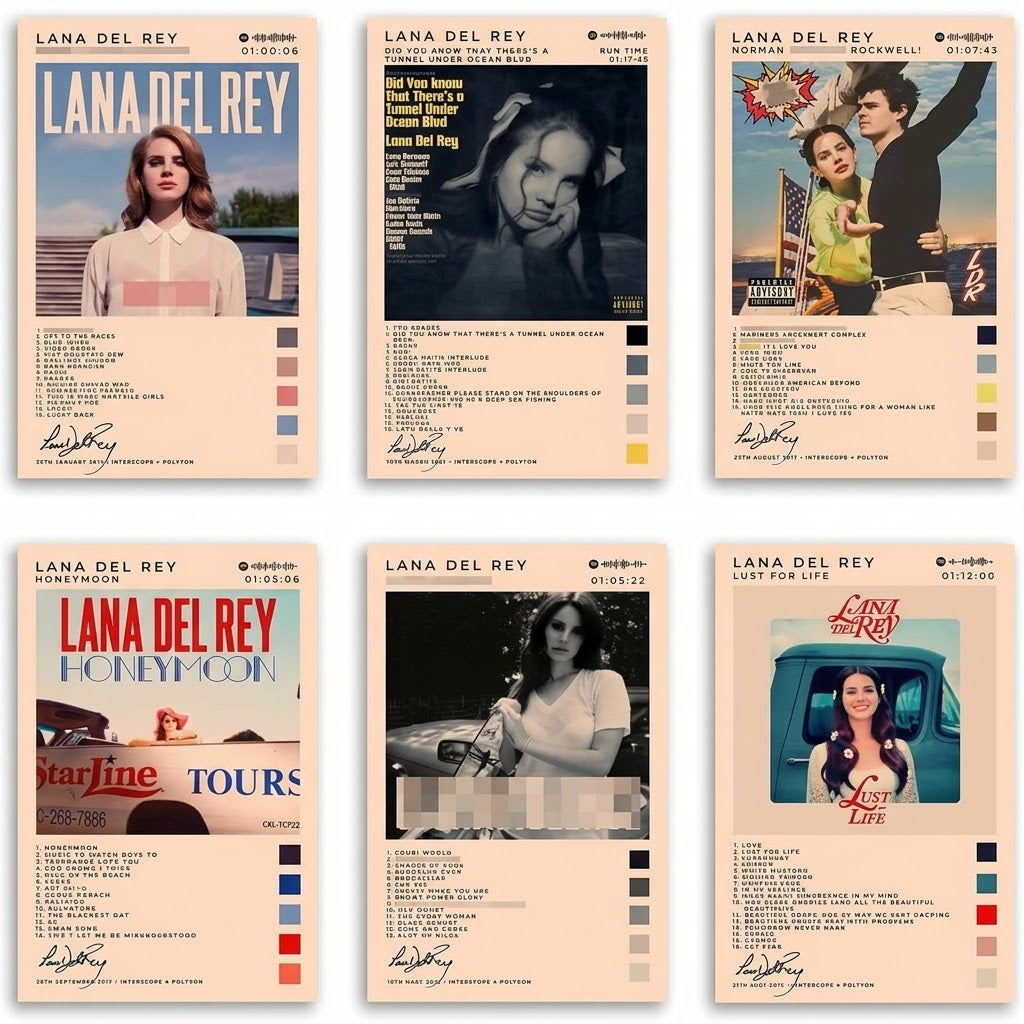 Lana Del Rey six-album poster set overview showing six cream-bordered portrait designs with cover imagery, track lists and palette strips.