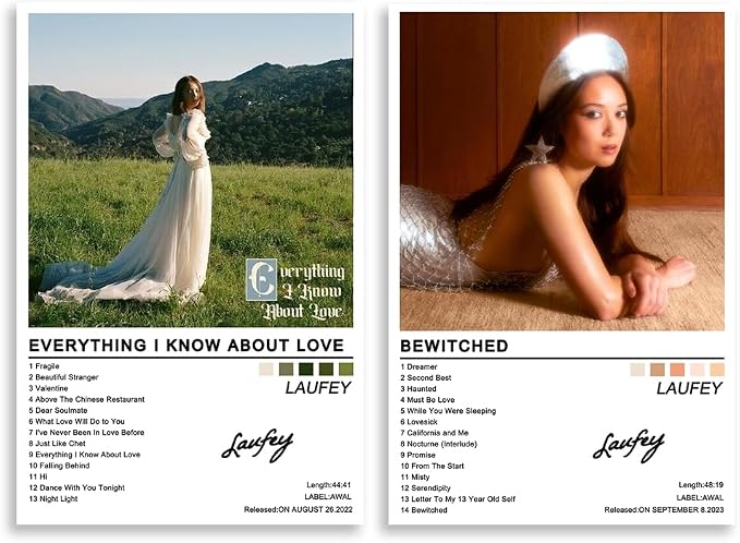 Laufey Set of 2 poster overview with Everything I Know About Love meadow portrait and Bewitched reclining wood-panel portrait.
