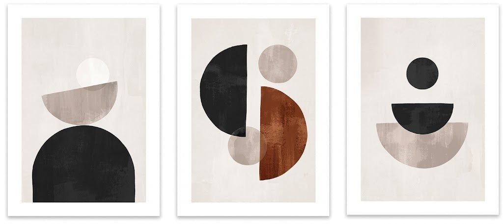 Poster set overview showing three portrait abstract geometric designs with layered circles, semicircles and rounded arches in earthy tones.
