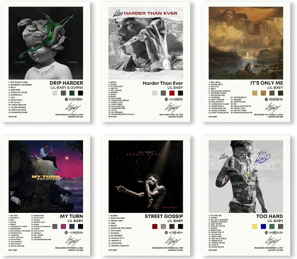 Lil Baby Set of 6 poster overview showing six portrait album designs with cover art, white track-list panels, swatches, and bold typography.