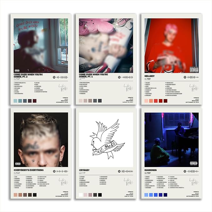 Lil Peep poster set overview showing six portrait album-art designs with square photos, waveforms, editorial text, and off-white borders.