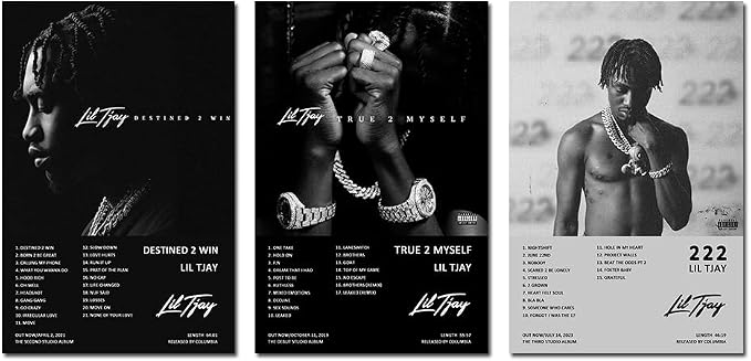 Overview of a Lil Tjay poster set with two monochrome portrait designs, silver jewelry, album-style lettering, and tracklist blocks.