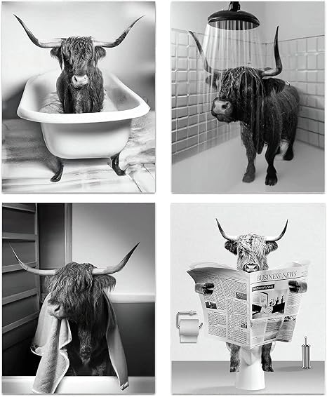 Overview of a four-piece long-horned cattle bathroom poster set with black-and-white cows bathing, showering, drying, and reading.