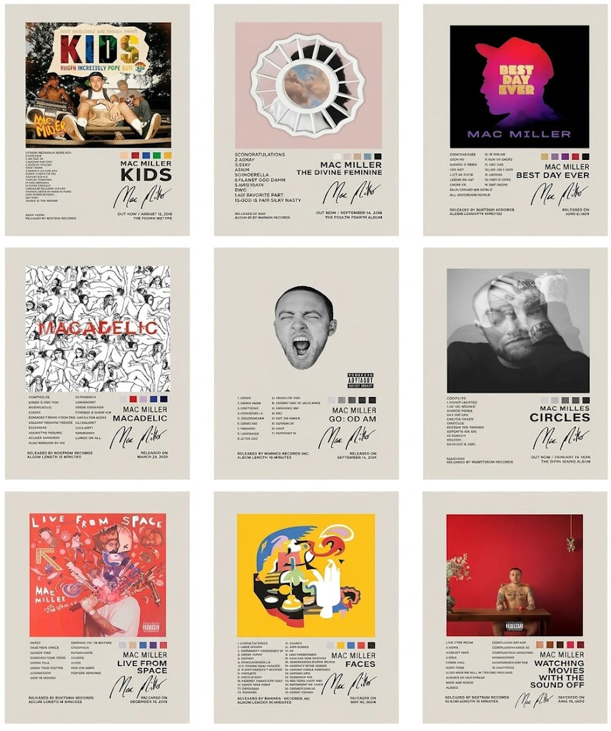 Overview of a Mac Miller set of nine poster designs with album imagery, track-list typography, color swatches, and portrait layouts.