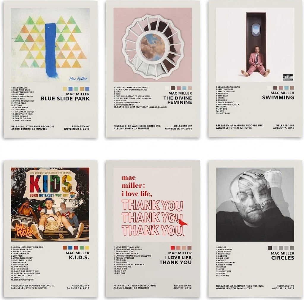 Mac Miller poster set overview showing six portrait album designs with cover-art panels, track lists, color swatches, and bold titles.