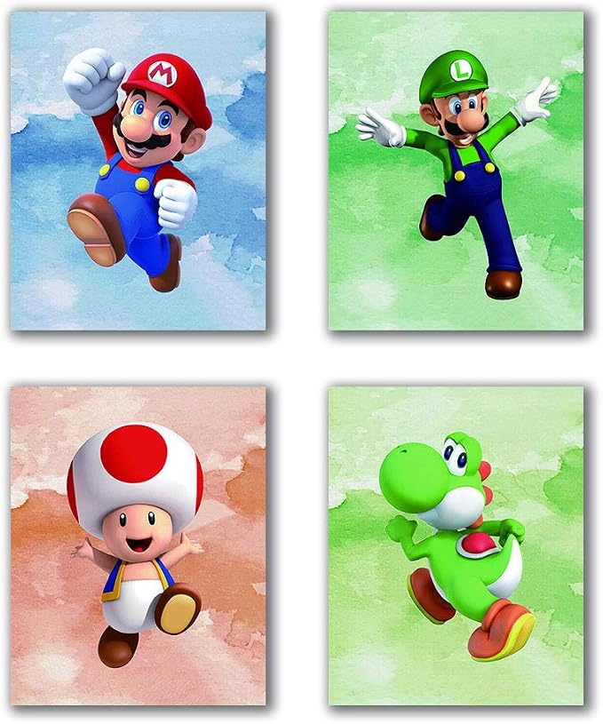 Poster set overview showing four vertical Mario, Luigi, Toad and Yoshi character designs on blue, green, peach and light green backgrounds.