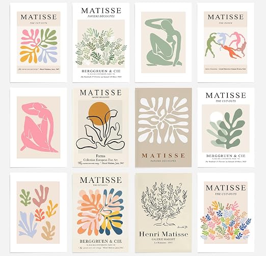 Matisse cut-outs poster set overview showing twelve portrait botanical and figure designs in a cream, green, coral and blue grid.