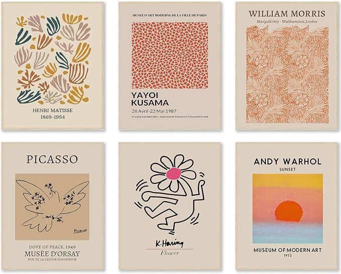 Poster print: Set of three modern art posters with cream margins, artist names, floral, dove, dancing figure and sunset graphic panels.