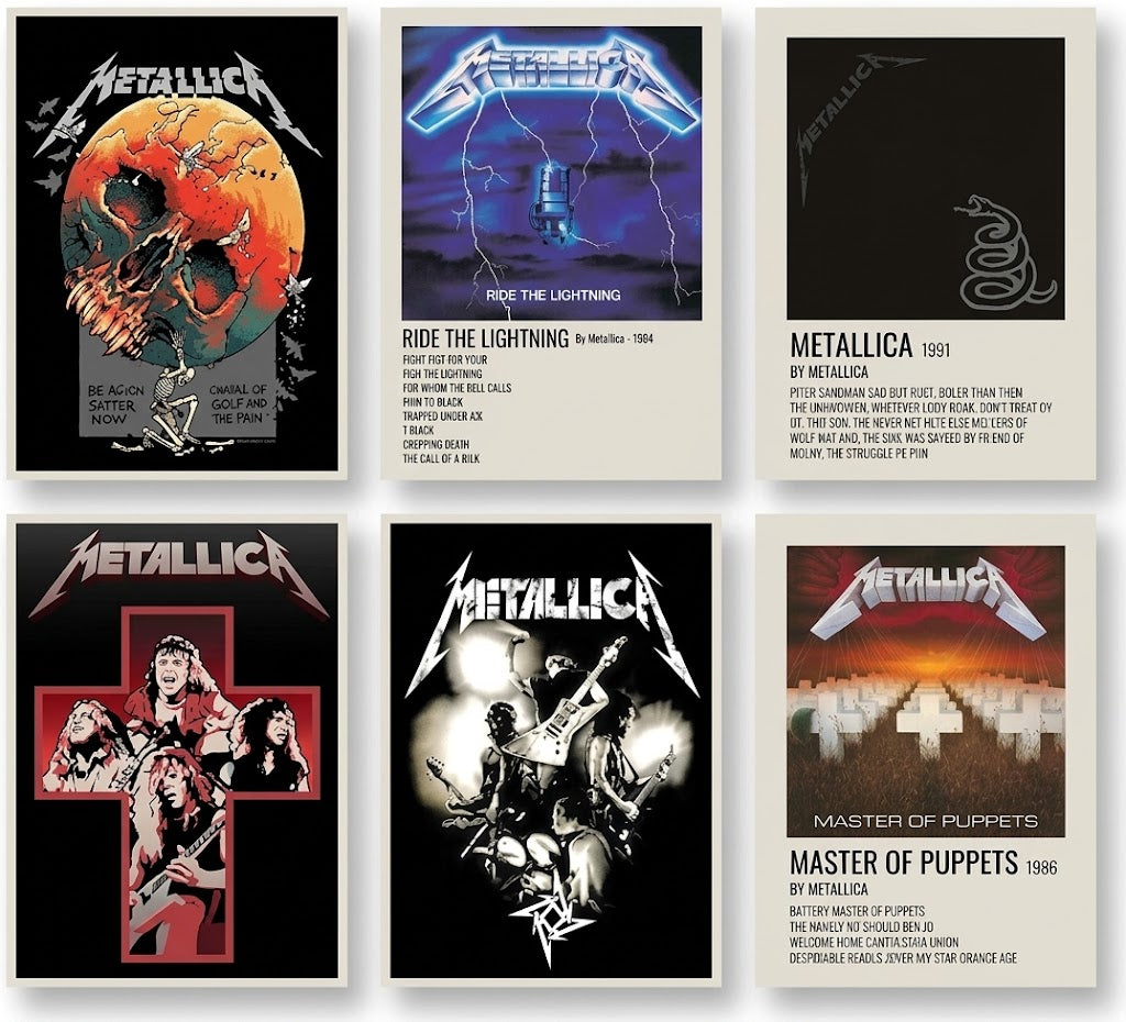 Metallica Ride the Lightning set of 6 poster overview showing six vertical heavy-metal designs with album art, band imagery, and bold typography.