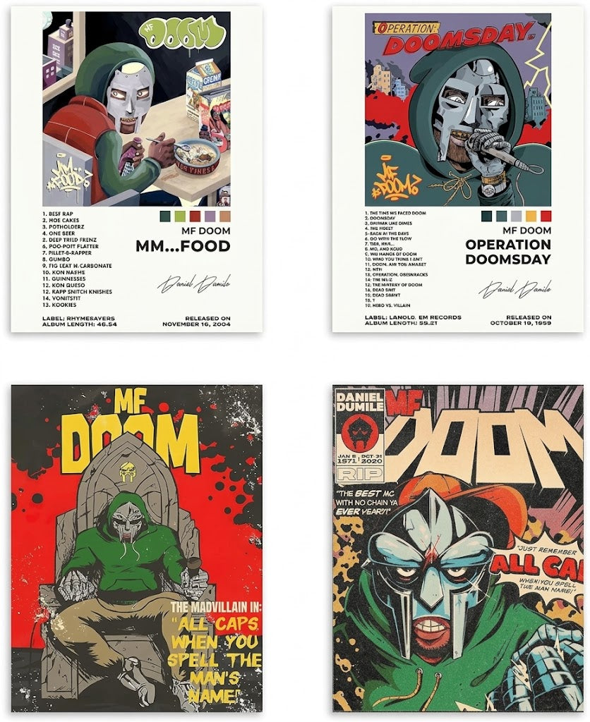 MF DOOM set of four poster overview featuring comic-book masked portraits, album-themed layouts, track lists and a memorial-style design.