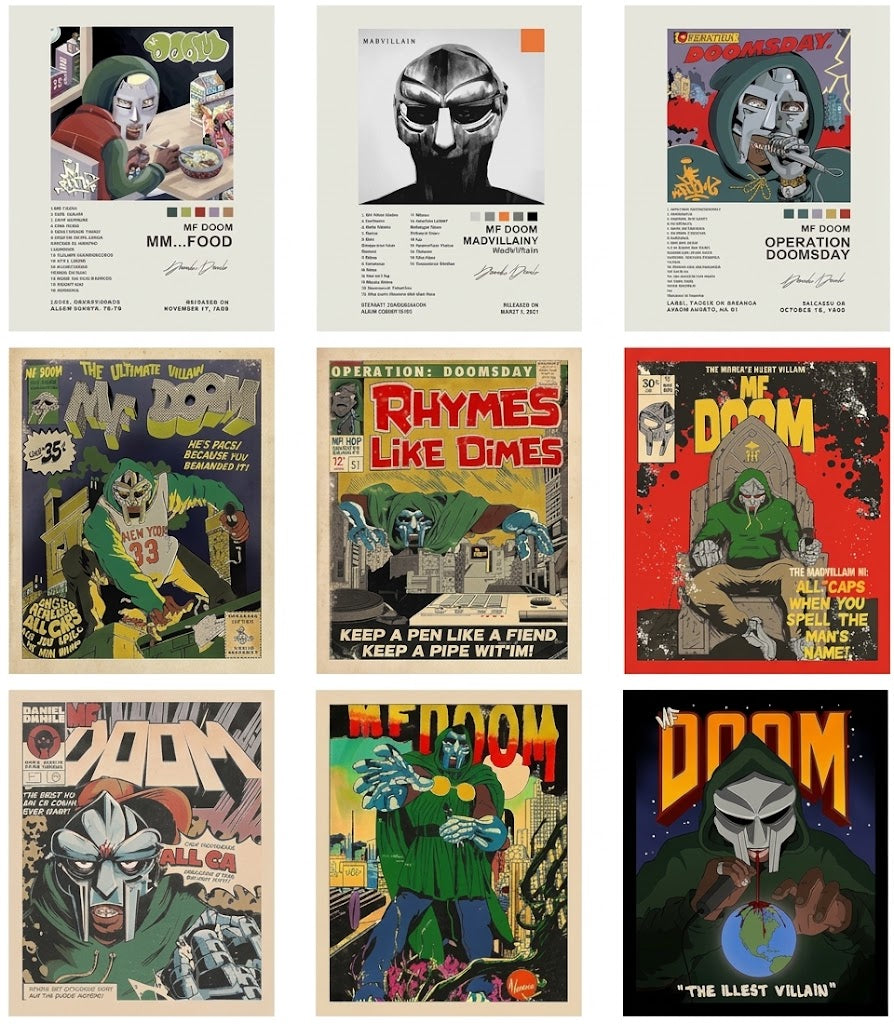 MF DOOM poster set overview showing nine vertical comic-style designs with masked portraits, album imagery, bold typography, and villain scenes.