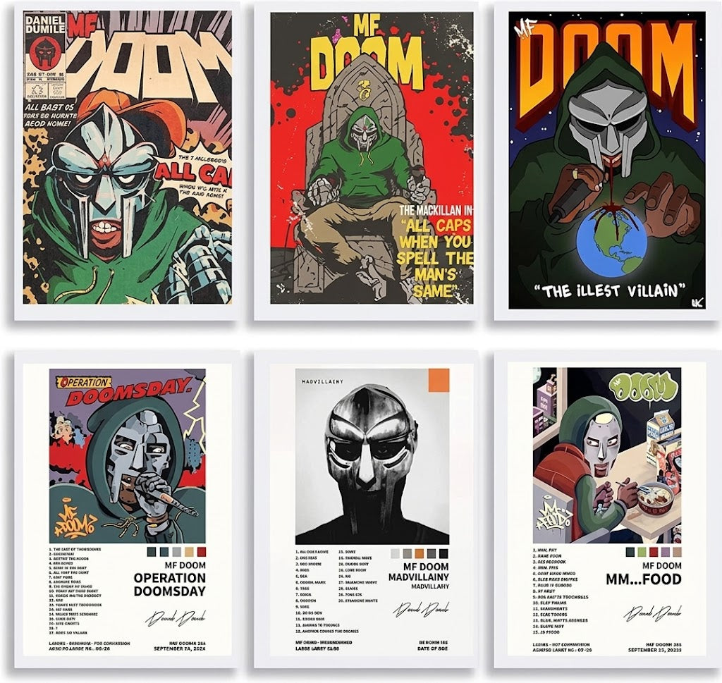 MF DOOM poster set overview showing six vertical masked-villain designs with comic portraits and album-inspired graphic layouts.