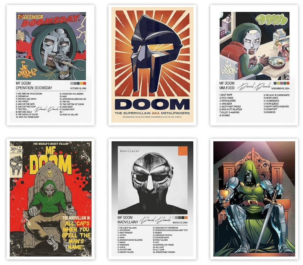 MF DOOM poster set overview showing six vertical masked supervillain designs with comic panels, album-style text, rays, and bold color.