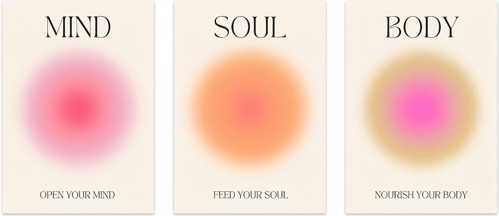 Mind Soul Body poster set overview showing three portrait wellness designs with serif affirmations and softly blurred gradient circles.