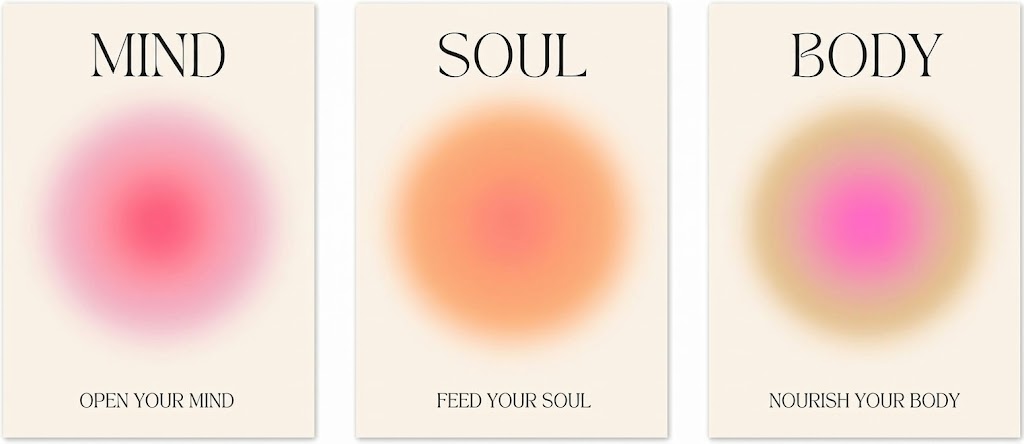 Mind, Soul and Body poster set overview showing three off-white typographic designs with soft pink, coral and gold circular blooms.