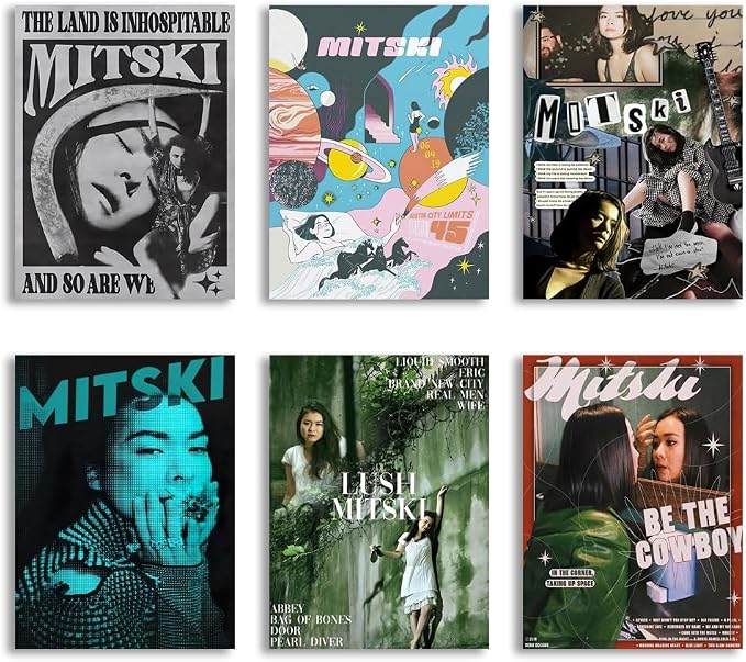 Mitski poster set overview featuring six vertical designs with portraits, album typography, collage, and a colorful surreal landscape.