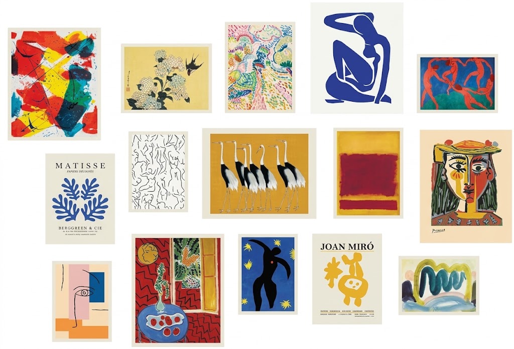 Poster set overview showing 15 modern-art designs with abstract shapes, florals, birds, dancers, line drawings and vivid color fields.