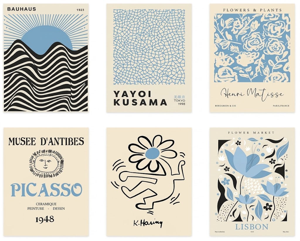 Overview of a six-piece modernist graphic art poster set with cream grounds, abstract waves, flowers, line art, and a Picasso design.