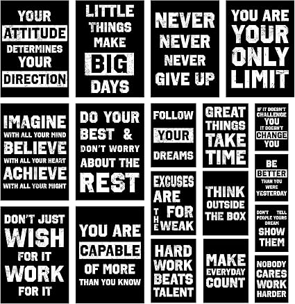 Poster set overview showing seventeen black motivational quote posters with distressed white and gray centered lettering in a staggered grid.