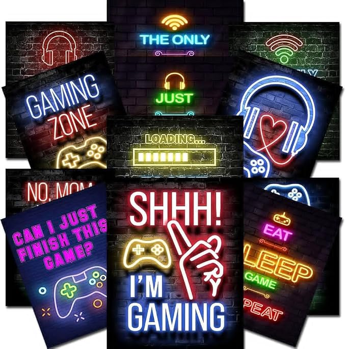 Poster set overview showing 10 neon gaming designs with controllers, headphones, loading bars and gamer slogans on dark brick backgrounds.