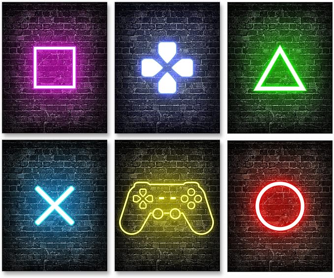 Neon gaming symbols poster set overview showing six portrait brick-wall designs with glowing controller and button icons.