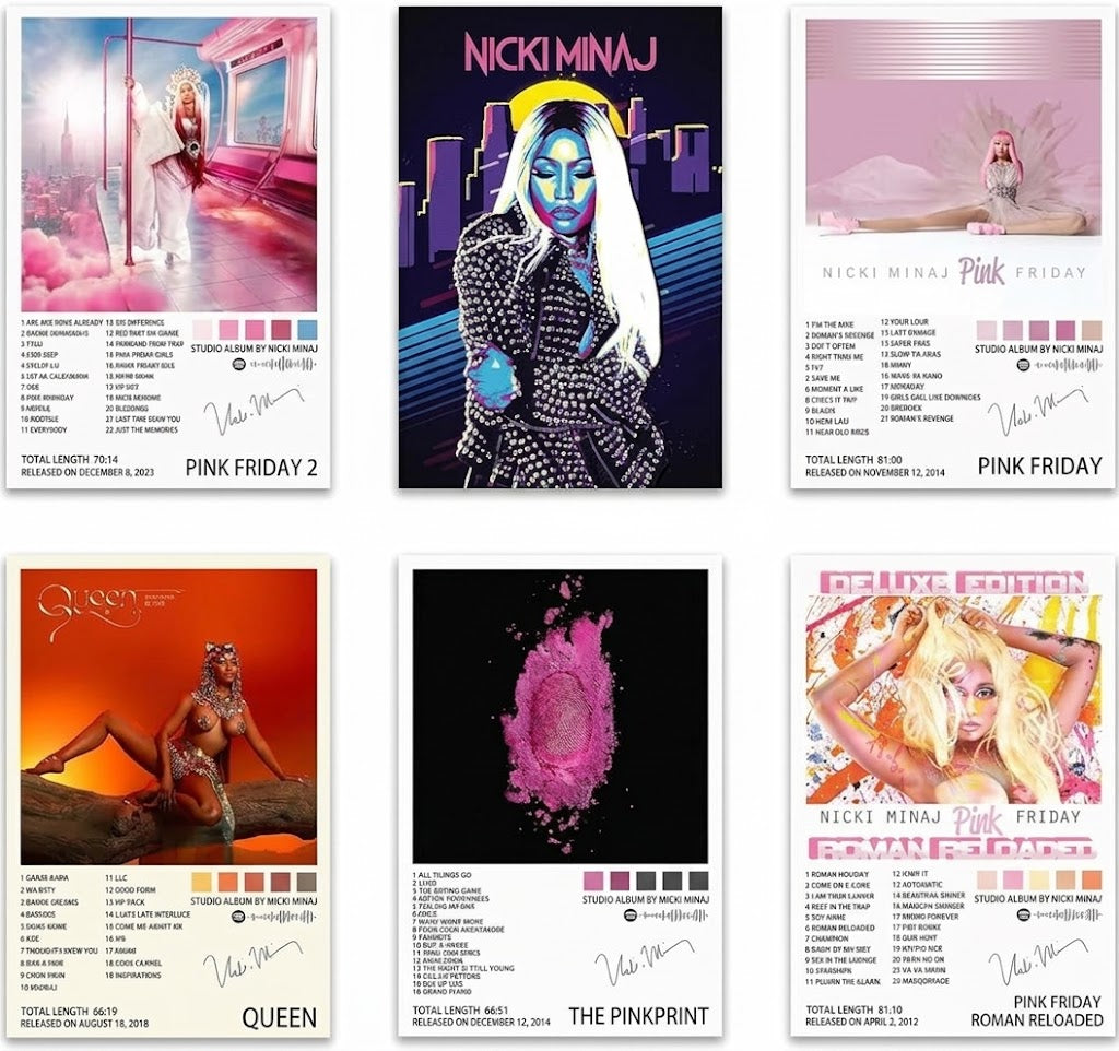 Poster set overview showing six Nicki Minaj album-inspired portrait designs with colorful imagery and white typographic information panels.