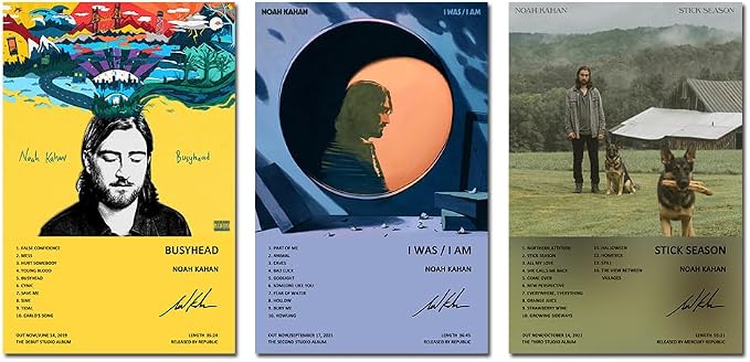 Noah Kahan poster set overview showing three vertical Busyhead, I Was / I Am, and Stick Season album-inspired designs side by side.