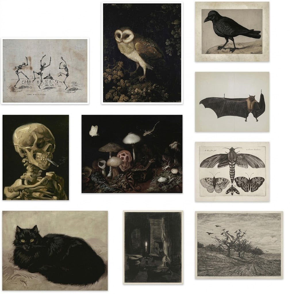 Poster set overview showing 10 dark vintage-style artworks with animals, fungi, a skeleton, specimens, and eerie interior scenes.