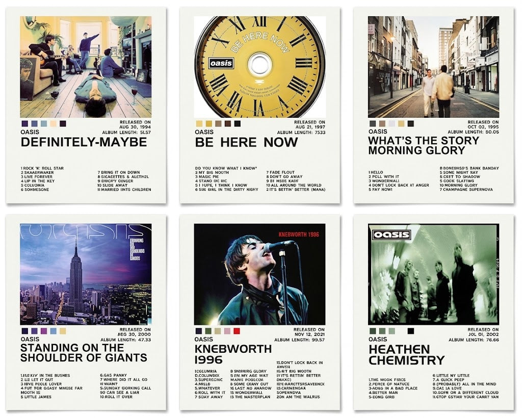 Oasis poster set overview showing six portrait album and concert designs with cover imagery, color swatches, and white typographic panels.