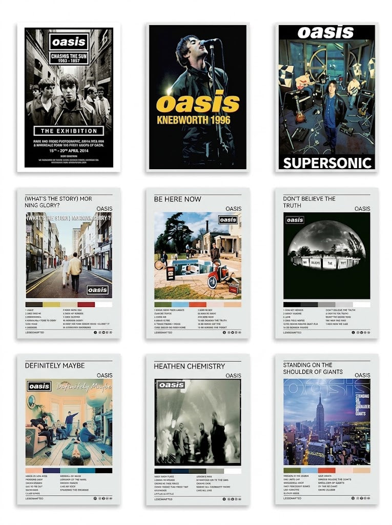 Overview of a nine-piece Oasis poster set with black photographic concert designs and colorful album tracklist layouts in a three-by-three grid.