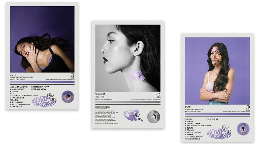 Poster set overview showing three Olivia Rodrigo GUTS, vampire and SOUR portrait posters in purple, monochrome and lavender layouts.