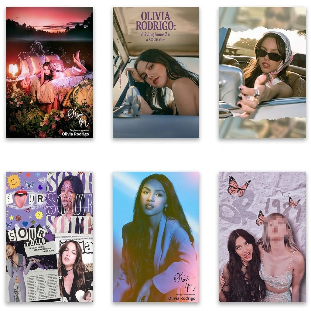 Poster-set overview showing six Olivia Rodrigo vertical portrait designs with bedroom, car, studio, collage, and fan-style photographic scenes.