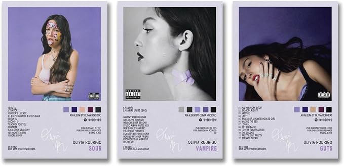 Olivia Rodrigo poster set overview showing three vertical SOUR, vampire, and GUTS portrait designs with text blocks and color swatches.