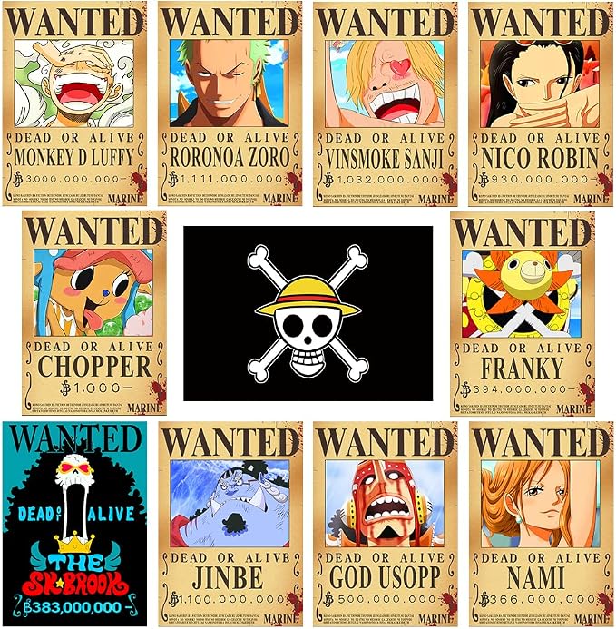 One Piece poster set overview showing ten Straw Hat pirate wanted notices around a black straw-hat skull and crossbones flag.