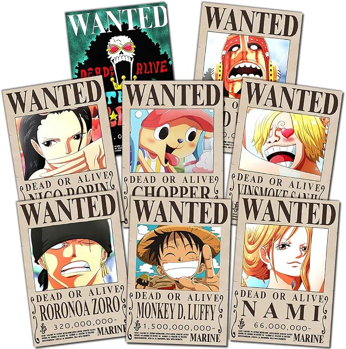 One Piece poster set overview showing two portrait prints filled with layered WANTED bounty notices and illustrated Straw Hat character portraits.