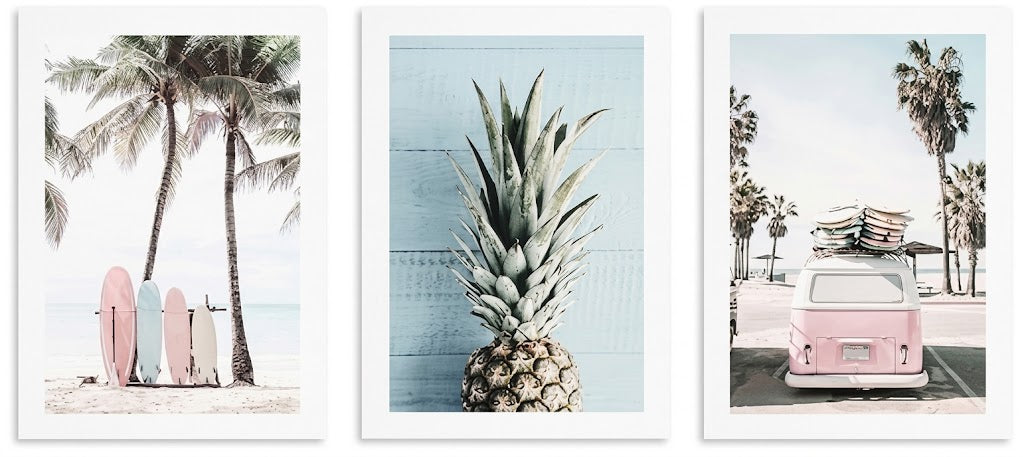 Poster set overview showing three portrait coastal designs: surfboards under palms, a pineapple on blue boards, and a pink beach van.