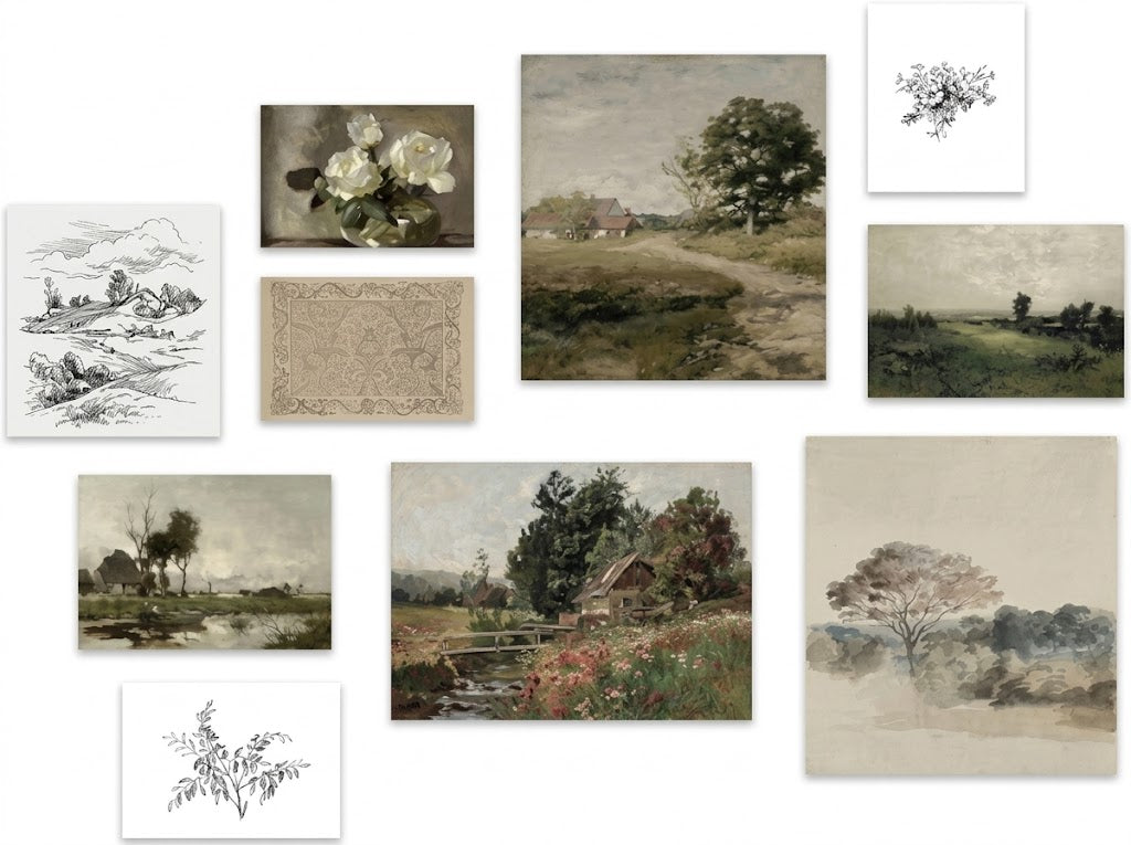 Poster set overview showing ten botanical studies, floral motifs, cottage landscapes, trees, fields and a stream in muted antique tones.