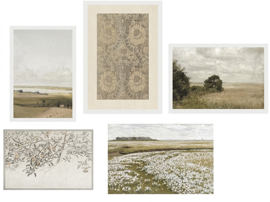 Poster set overview showing five coordinated pastoral botanical prints: countryside landscapes, a floral pattern panel, and a flowering fruit branch.