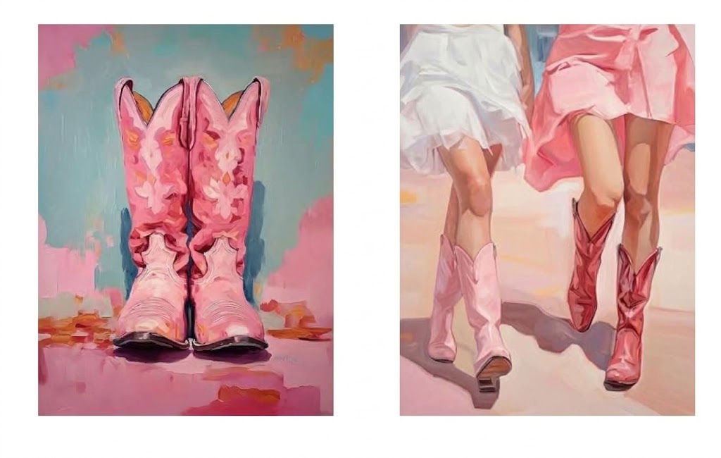Poster print: Overview of a set of two portrait posters featuring pink floral cowboy boots and cropped skirted figures walking in boots.