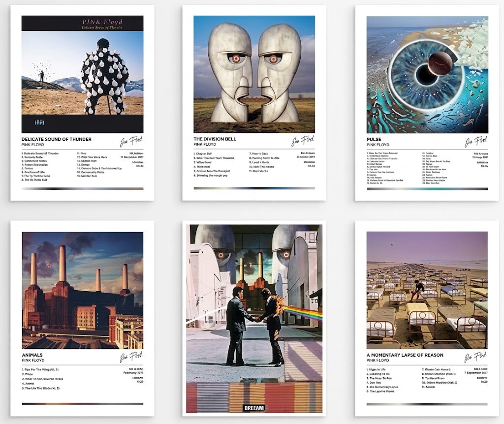 Pink Floyd poster set overview showing six vertical album-inspired designs with surreal scenes and white track-list information panels.