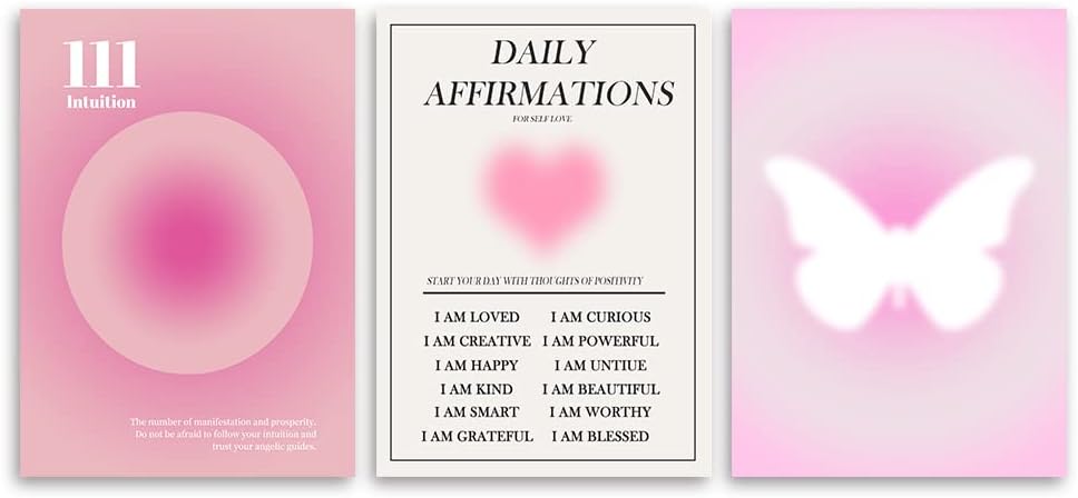 Poster set overview showing three pink portrait designs with an 111 intuition message, self-love affirmations, and a glowing white butterfly.