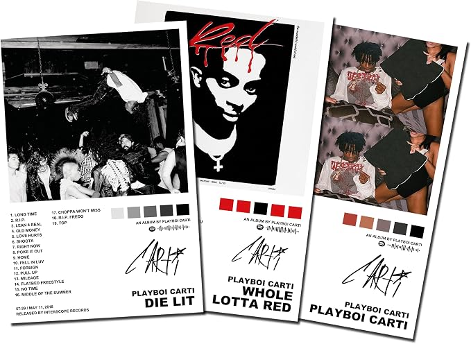 Playboi Carti album-cover poster set of three portrait prints with white borders, cover images, signatures, and graphic metadata.
