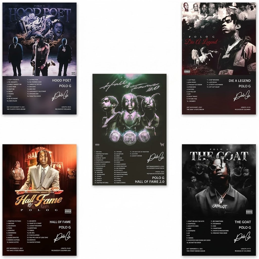 Polo G poster set overview showing five separate portrait-format album-style designs with tracklists, bold titles, and dark colored collages.